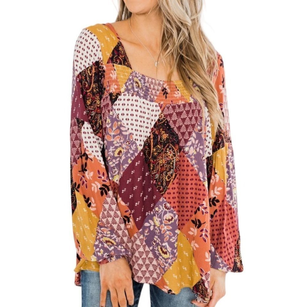 Stacatto Wandering Free Printed Blouse Tunic Top Smocked Purple Orange Small